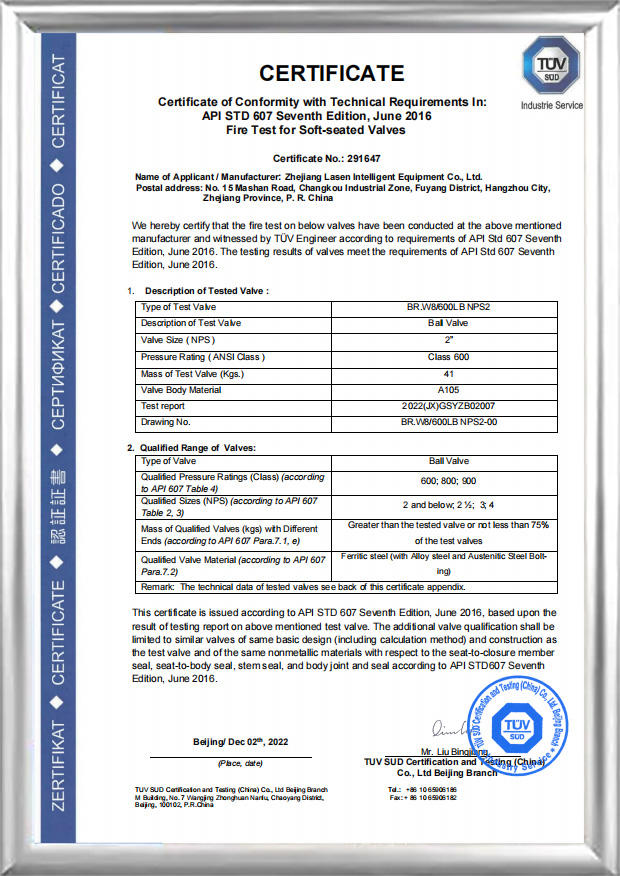 Certification incendie API 607 ​​(BR.W8/600 LB NPS2)